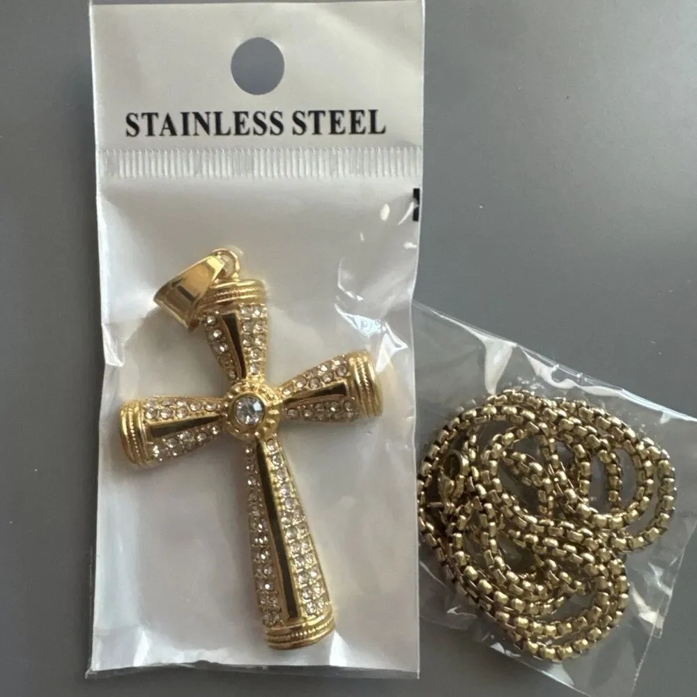 Cross Pendant Cubic Zirconia 24” Chain Gold Tone Stainless Steel Gift Jesus
